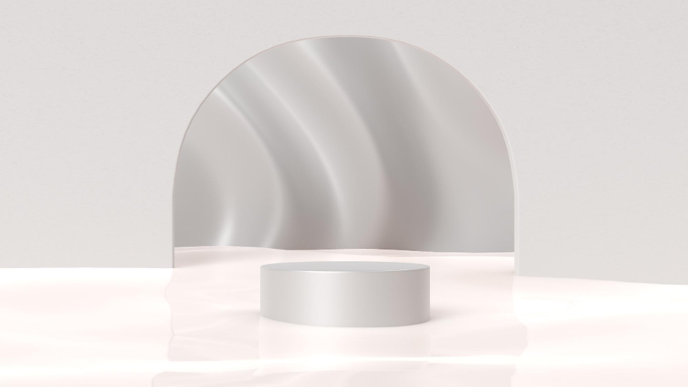 מתקן תצוגה מפרספקס שקוף להצגת מוצרי קוסמטיקה ואביזרים יוקרתיים - פודיום עגול עם רקע קשתי בגימור מבריק